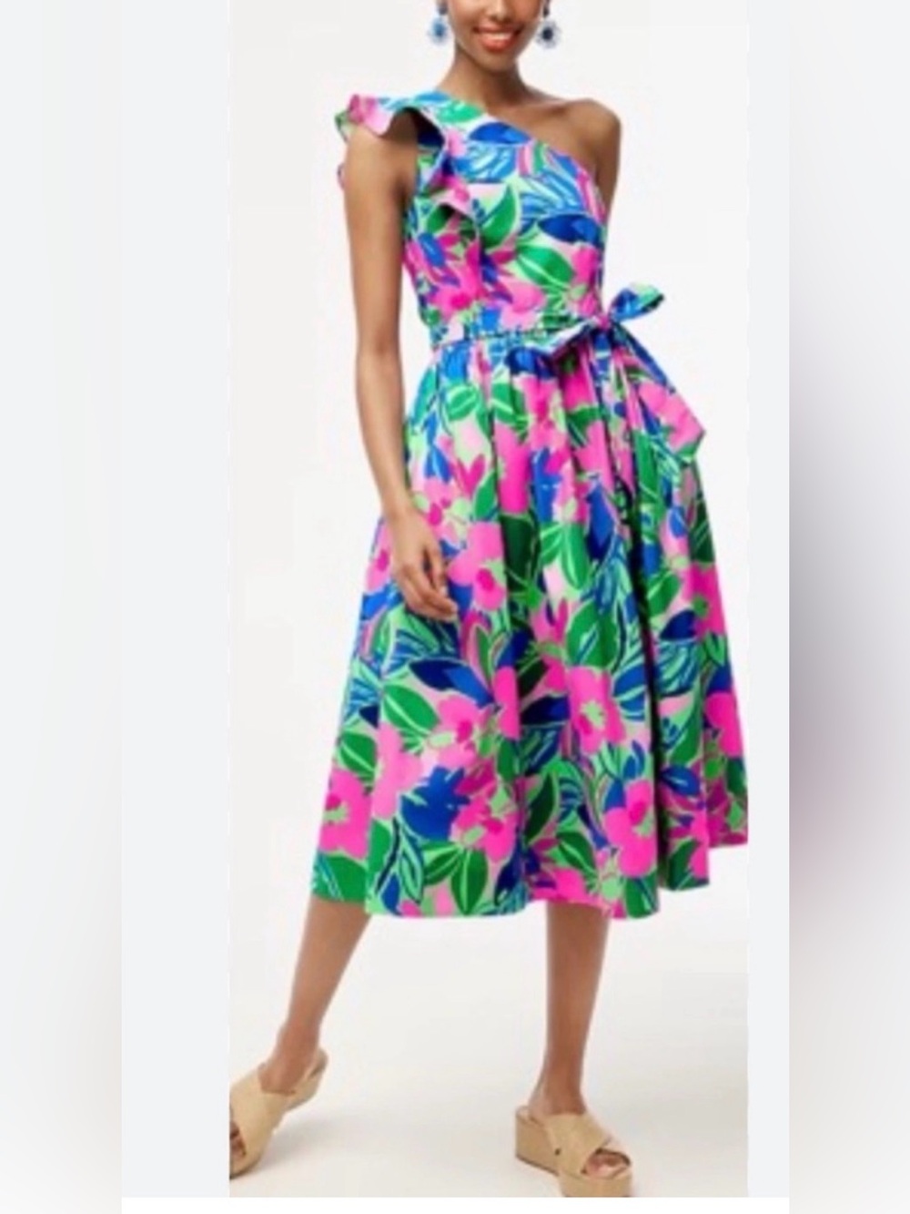 HTF Nwot J.Crew One Shoulder Midi Dress Floral Ruffle Pockets Cotton Belt Sz 6